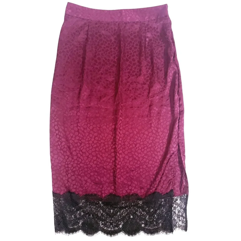 QED London Whimsigoth Satin Lace Trim Midi Pencil Skirt Size 6 Purple Y2K Glam